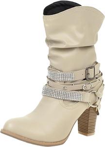 Женские ботильоны с ремешком и стразами, низкий каблук, модный толстый каблук, массивный каблук, ботильоны на низком каблуке в западном стиле DIYCAM, Beige