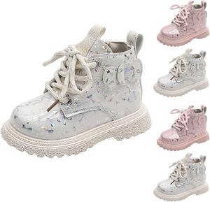 Девочкам модные блестящие ботильоны на шнуровке, водонепроницаемые боевые ботинки из искусственной кожи с боковой молнией для мальчиков Generic, White