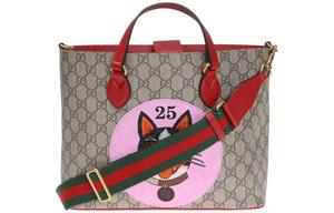 Сумка-шоппер из холста с кожаными деталями, повседневная женская сумка через плечо или кроссбод, цвет эбони/розовый/красный GUCCI