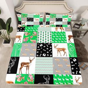 Erosebridal Эластичная простыня с принтом лесных животных, бренд Elk Deer, модель Woodland Animals, зеленая клетка в стиле кантри, White Black Green