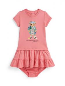 Детское хлопковое платье-поло с коротким рукавом и мишкой Ralph Lauren, Faded Peony