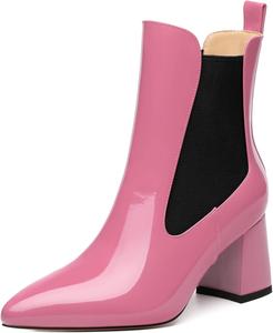 Женские ботильоны с высоким массивным каблуком, заостренным носком, из лакированной кожи, элегантные классические модные короткие ботинки на осень-зиму, каблук 2,5 дюйма DEMOSHINE, Baby Pink