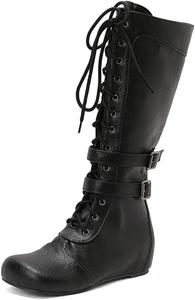 LYYSKY Женские повседневные сапоги средней длины с шнуровкой. Пожалуйста, смотрите таблицу размеров и описание товара. Размеры: US4-US17 / EU34-EU50, Black(Pu)