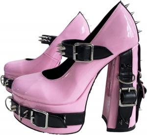 Frankie Hsu Фрэнки Хсу Женская готическая лоли, большая розовая черная пряжка из лакированной кожи, кольцо заклепки, блестящая сексуальная платформа, массивные туфли на высоких каблуках, туфли на ремешках на лодыжке