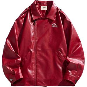 Кожаная куртка Unisex Lapel Moderate Jeep, red