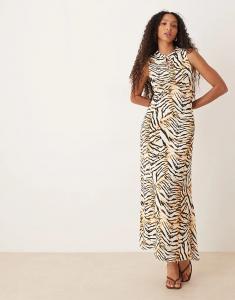 Платье макси из атласа ASOS DESIGN с вырезом-замочной скважиной и принтом зебры
