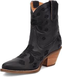 Женские ковбойские сапоги Goolita, вышитые цветами ковбойские ботильоны с острым носком, каблук-кирпич, западный стиль, винтажные короткие сапоги на свадьбу, Black