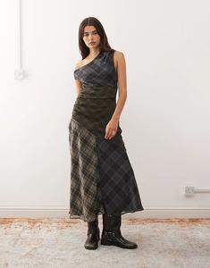 Платье миди Reclaimed Vintage с открытыми плечами и разрезом сбоку в сшитую сине-зеленую клетку