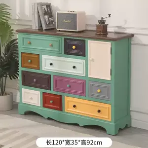 Yu Senyi Комод для гостиной из массива дерева в американском стиле, 10 ящиков и 1 дверца, цвет коричневый с зелеными ящиками, полностью собран