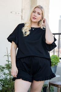 Женский топ с круглым вырезом, оборками на рукавах и боковыми разрезами из френч тери TRUEDAMES, черный