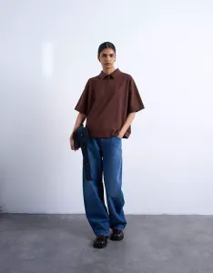 Шоколадно-коричневая футболка-поло с короткими рукавами интерлок Topshop