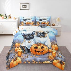 Erosebridal Комплект постельного белья Funny Halloween Dog с принтом привидений тыкв и летучих мышей для детей, Orange White