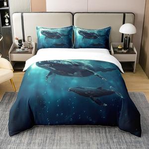 Erosebridal Хлопковый комплект постельного белья с 3D принтом китов и морских животных в морской тематике, Blue