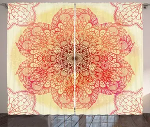 Штора ABAKUHAUS Красная мандала в деревенском стиле, цветочный дизайн, универсальная ленточная штора для гостиной с петлями и крючками, 280 x 245 см, бордовый, желтый, розовый Abakuhaus