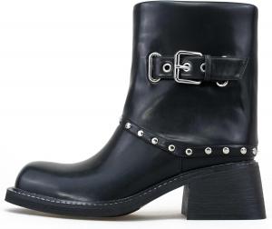 Женские сапоги KISTANIA с квадратным носком, массивным каблуком, складным дизайном и ремнями с пряжками в байкерском стиле, Black