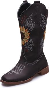 Женские ковбойские сапоги SACFOF Sunflower с квадратным носком, средней высоты голени, с западной вышивкой и низким каблуком, Coffees