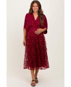 Платье для беременных, светло-золотистое, с вышивкой, из тюля, с V-образным вырезом, миди Pinkblush, Burgundy