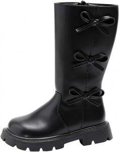 Девочкам высокие сапоги до икры с бантом, длинные винтажные боевые ботильоны, мягкая подошва, противоскользящие, повседневные, для прогулок и снега Generic, Black