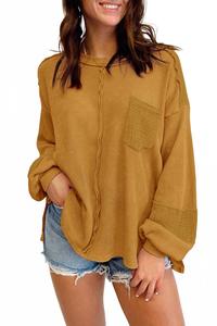 Вязаный топ с длинными рукавами и пэчворк-узорами в цвете горчичный Shewin, Mustard