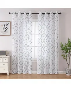 Transcendence, цельная прозрачная решетчатая штора с люверсами сверху, вышитая, с клевером, серебристая Kate Aurora, blue