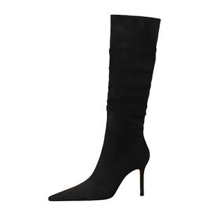 QITUMAUL Черные высокие сапоги женские без подкладки [высота каблука 8 см], цвет Black Unlined[Heel Height 8cm]