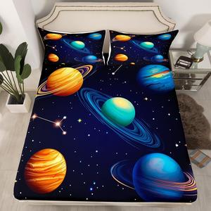 Erosebridal Комплект постельного белья Kids Galaxy с принтом солнечной системы и звездного неба, мягкий и дышащий, Blue Yellow Green