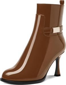 MOVINSTEPS Женские сексуальные лакированные ботильоны с круглыми носками, молнией, для ночного клуба, на высоком каблуке 3,3 дюйма, Brown