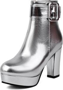 Женские ботильоны на массивной платформе и высоком каблуке с круглым носком, пряжкой и застежкой-молнией, зимние элегантные короткие ботинки JOEUSTY, Silver-Velvet Lined