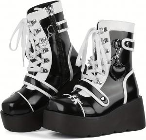 Женские готические ботильоны на платформе, панк-мотоциклетные, с круглым носком, на грубом каблуке, средние по голени, с милыми сердечками, на шнуровке, с танкеткой CSRZPMG, Black Platform Boots