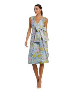 Женское миди-платье без рукавов из цветочной парчи с бантом Mac Duggal, Blue multi