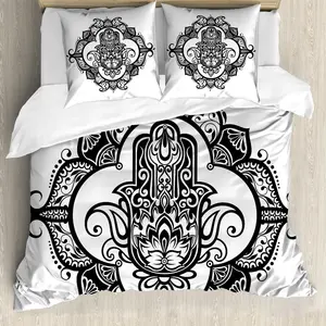 Пододеяльник ABAKUHAUS с хамсой, с закругленным античным узором, с защитой от клещей, подходит для аллергиков, с наволочками, 200 см x 200 см - 80 x 80 см, белый/черный