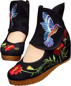 Женские кроссовки Qianmome с вышивкой колибри и цветочным рисунком, удобные спортивные модные ботильоны на подошве из ткани Qhomeshoes, Black
