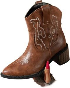 Женские ковбойские сапоги с подошвой на низком скошенном каблуке, заостренным носком, грубым невысоким каблуком, вышивкой, классической короткой длины ZJWBB, Brown