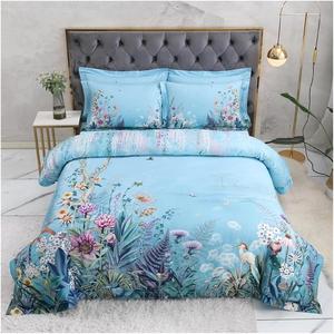 IBDRYKK Комплект постельного белья из египетского хлопка с винтажным принтом птиц и цветов серого цвета