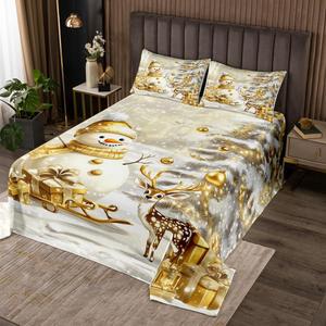 Erosebridal Комплект постельного белья с новогодним принтом оленей снеговиков и снежинок золотистые рождественские украшения, Golden