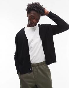 Вязаный кардиган ARKET из текстурированной шерстяной смеси черного цвета