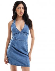 Джинсовое мини-платье ASOS DESIGN с халтер-воротником, средне-синего цвета