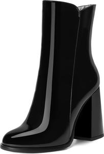 Женские ботильоны WAYDERNS на высоком каблуке 4 дюйма с круглым носком, молнией, однотонным дизайном, лаковой отделкой и модным стилем для свиданий, Black