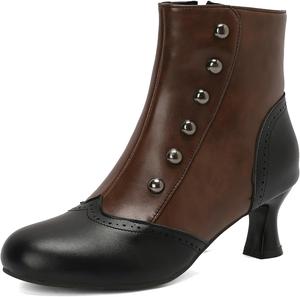 Женские винтажные викторианские ботинки Betastella с низким каблуком-кисет, ботильоны с круглым носком, массивным каблуком, боковой молнией, короткие ведьмовские лолита-ботинки, Brown