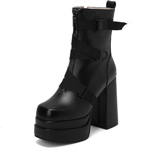 Женские ботильоны на платформе с высоком каблуке, квадратным носком, боковой молнией и пряжкой, короткие сапожки JMdfcqer, Black