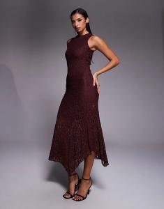 Платье миди без рукавов ASOS DESIGN с кружевом и лифом шоколадного цвета