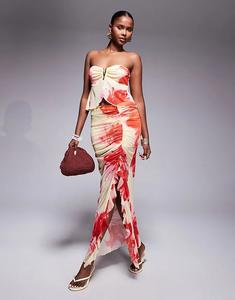 Юбка макси Missyempire из сетки с разрезами по бокам, оборками и желтым и розовым цветочным принтом