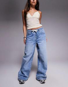 Джинсы Princess Polly Mellowed Out с широкими штанинами и завязками-лентами, средне-синего цвета