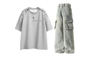 Повседневный спортивный свитер Unisex с круглой горловиной Moderate X1617, heather серый short-sleeved+vintage синий jeans