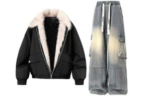 Повседневная спортивная одежда унисекс с меховым воротником умеренный X1617, черный mountain hawk cotton jacket+желтый mud jeans