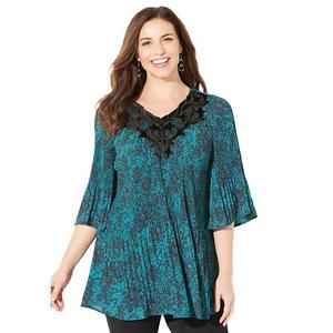 Блузка женская plus size petite с бархатной отделкой и плиссировкой Catherines, Green Lace Print
