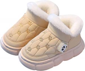 Мальчики Девочки Милые Плюшевые Тапочки с Бантиком Сапожки-Снегоступы Зимние Теплые Противоскользящие Водонепроницаемые Короткие Ботильоны на Щиколотку Для Дома и Наружного Использования Холодная Погода Хлопковые Удобные Слипоны для Ходьбы Generic, Khaki