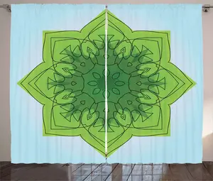 Штора ABAKUHAUS Green Mandala Rustic, эскиз с азиатскими цветами, универсальная ленточная штора для гостиной с петлями и крючками, 280 x 225 см, нежно-голубой, лаймово-зеленый Abakuhaus