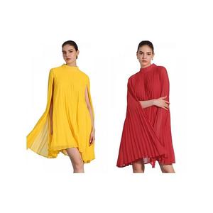 2 упаковки платьев шифон для женщин с расклешенными рукавами-накидкой и плиссировкой Allegra K, Yellow Red