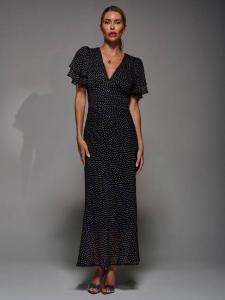 Платье миди из шифона с V-образным вырезом и рукавами с воланами Jolie Moi, Black/Multi